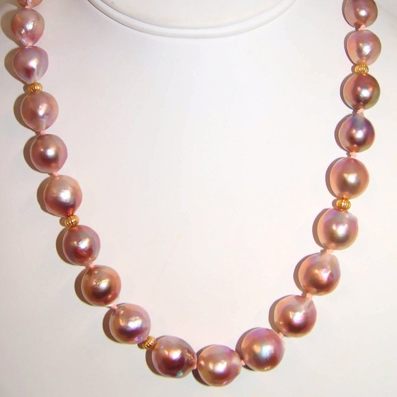 14K Gold Clasp Pink Purple 14mm Pearl Necklace Edison Cultured Pearl Necklace - Picture 7 of 7